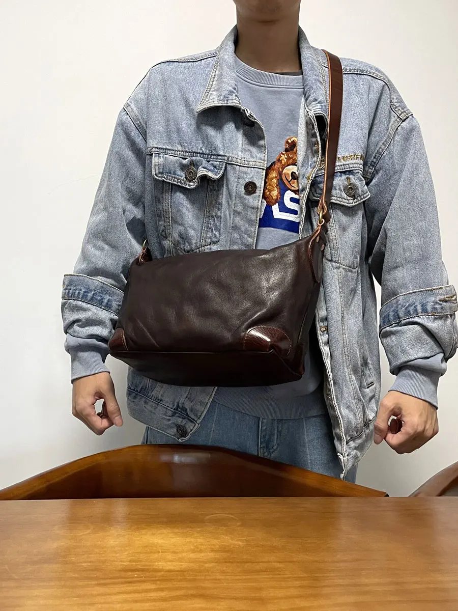 

Повседневная мужская сумка через плечо из воловьей кожи первого слоя, винтажная уличная повседневная дизайнерская сумка через плечо из натуральной кожи ручной работы