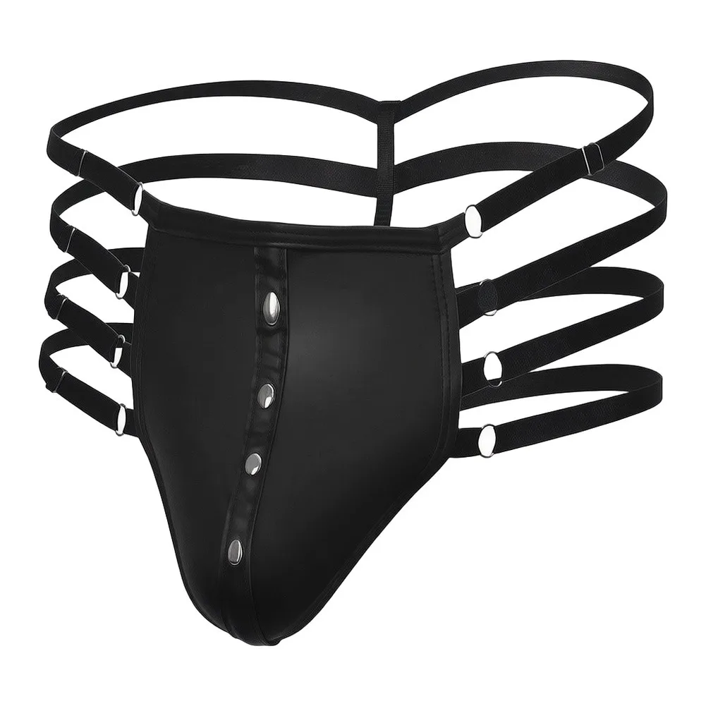 Men Faux Leather G-String Underwear Bulge Pouch Adjustable Elastic Bands Thongs Hollow Out Jock Strap Bottom Erotic Lingerie