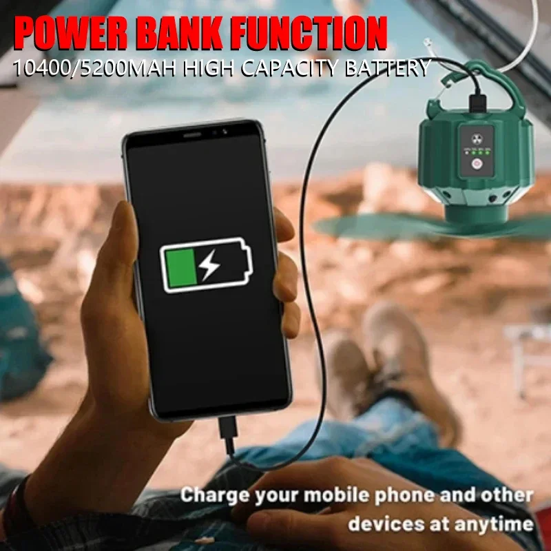 야외 캠핑 팬 휴대용 텐트 천장 팬 10400Mah USB 충전식 교수형 후크 LED 캠핑 랜턴 원격 제어