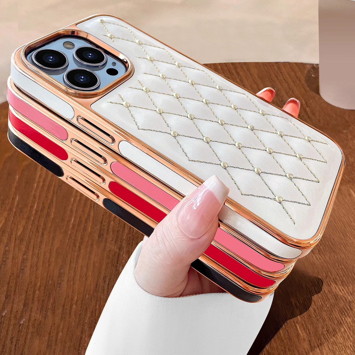 VIETATO Custodia per cellulare in pelle PU placcata da donna per iPhone 13 12 11 pro max, cover per telefono all-inclusive in pelle PU con griglia, rossa