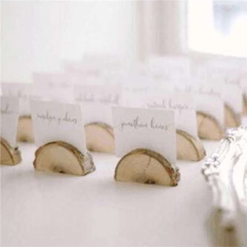 1 pz/lotto Porta carte in legno semicircolare naturale Ceppo di legno Porta carte per festa di nozze Supporto per menu da scrivania Clip per foto