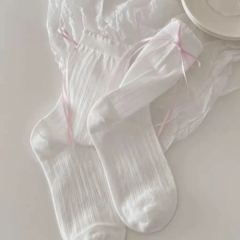 5-Pair Girly Style White Socks, Cute High-Value Socks, Versatile Lace Bow Sweet All-Season Women's Socks
