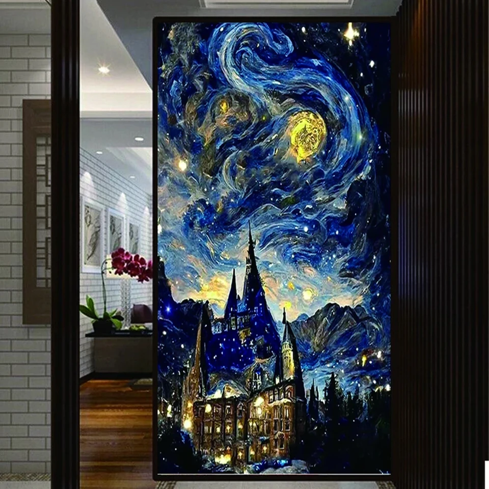 Starry night sky wall art full diamond painting cross stitch sky starry castle view 5D diamond embroidery mosaic handmade gift