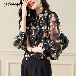 Women Clothing Summer Korean Fashion Floral Print Shirt Vintage Elegant Chic Ruffles Blouse Casual Long Sleeve Thin Chiffon Tops