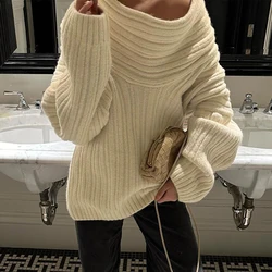 Fall Ladies Elegant High Street Sweater Vintage Solid Color Long Sleeve Commuter Sweater Sexy One Shoulder Thick Knitted Sweater