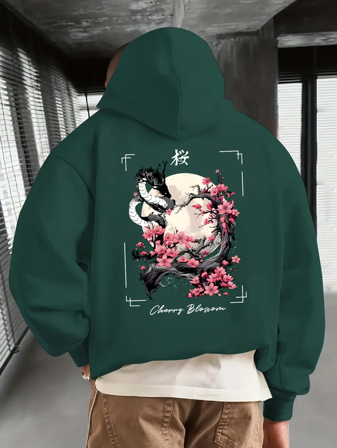 Men Vintage Hoodie Autumn Traditional Japanese Dragon Sakura Moon Frame Back Print Loose Asian Streetwear Pullover Sweatshirt
