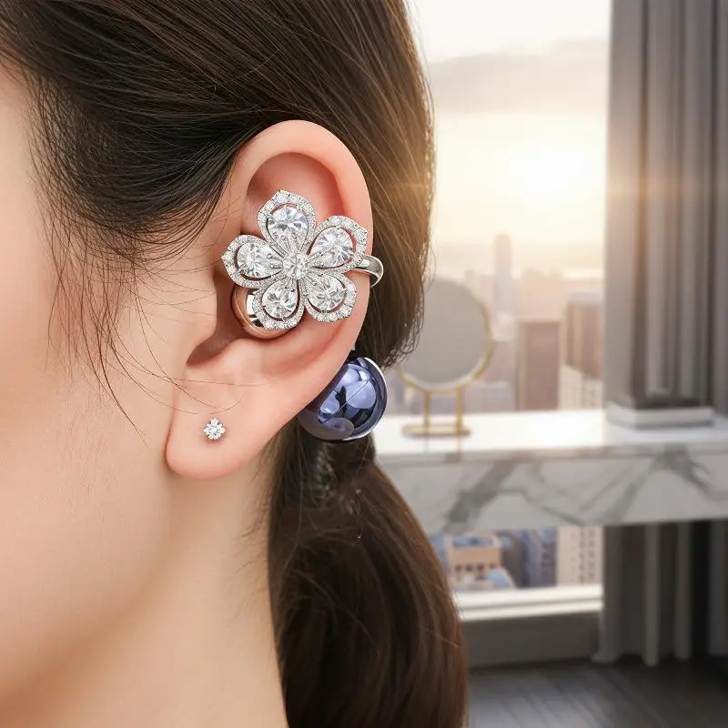 Flower Rhinestone Bluetooth Headset Clip Detachable Anti-Lost Exquisite Decorative Earphone Buckle for Girls Daily Wear