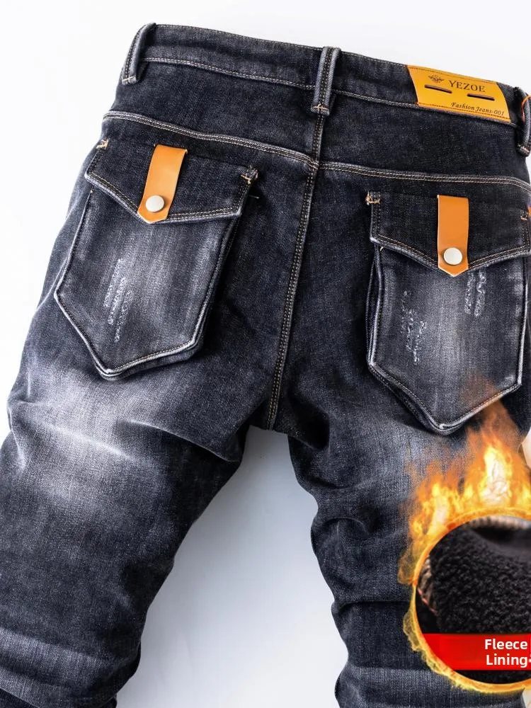 

Fce Lined Thiened 3D Slim Fit Men's Jeans Elastic Straight Leg Bla Versatile Long Pants Winter Faion Youth Sle
