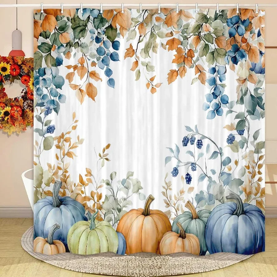 

Fall Shower Curtain Fall Thanksgiving Harvest Watercolor Floral Pumpkin Shower Curtains Home Bathtub Decor Waterproof Fabric Ma