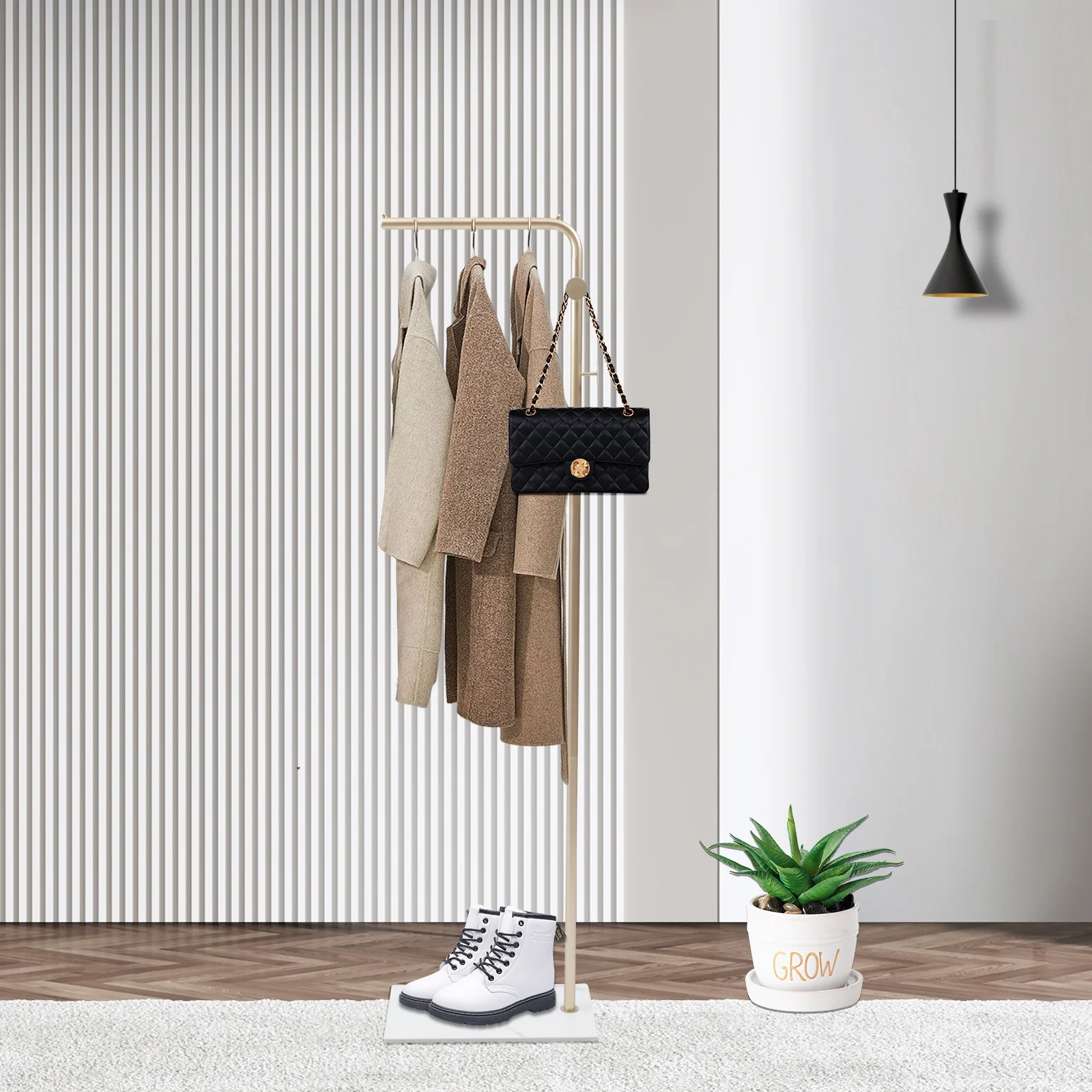 رف معطف معدني قائم بذاته، حامل معطف بقاعدة من الرخام الطبيعي مع 3 خطافات، منظم شجرة قاعة المدخل للسترات والقبعات والحقائب #2