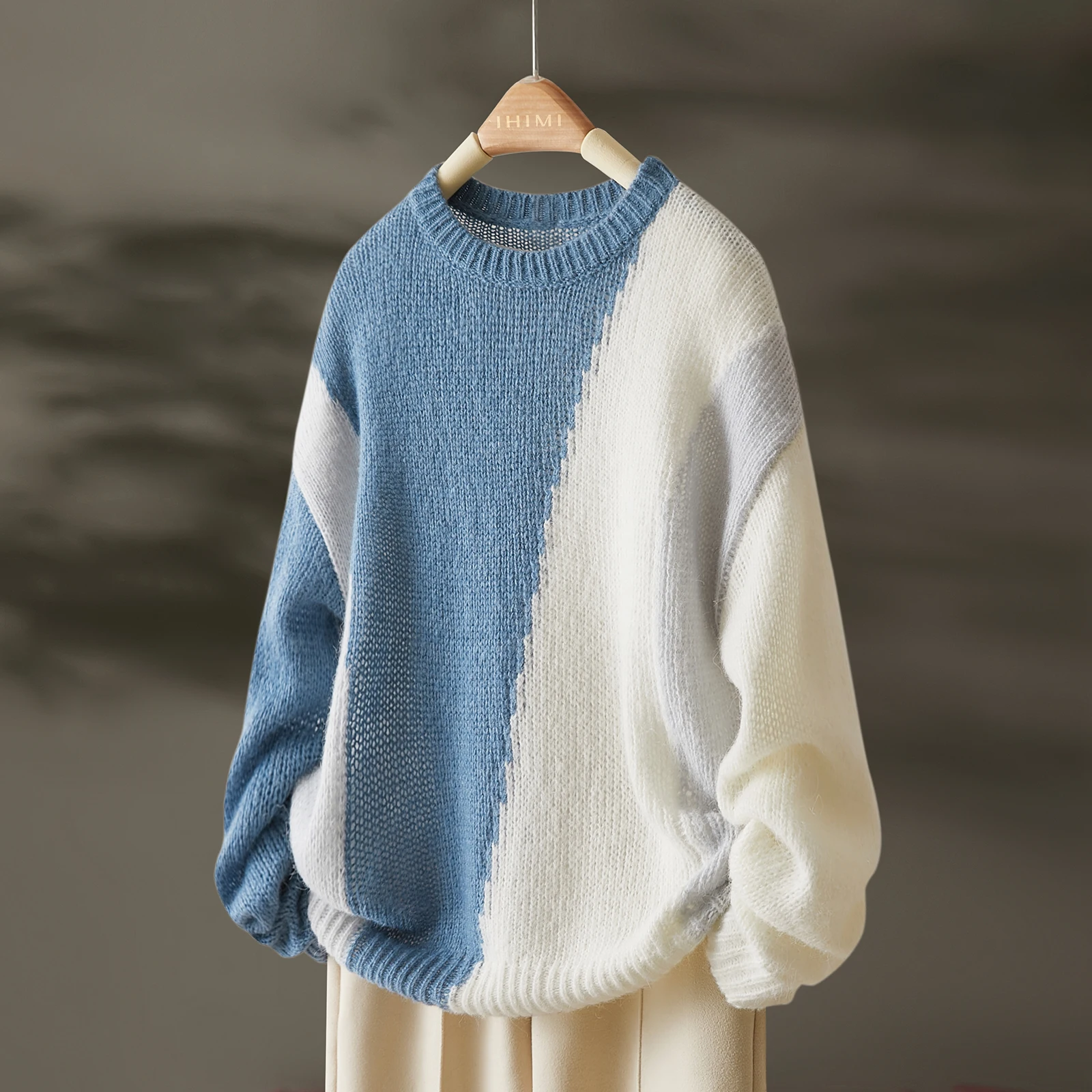 

Mohair color clash knit sweater 2024 fall new gentle three color clash pullover knit sweater