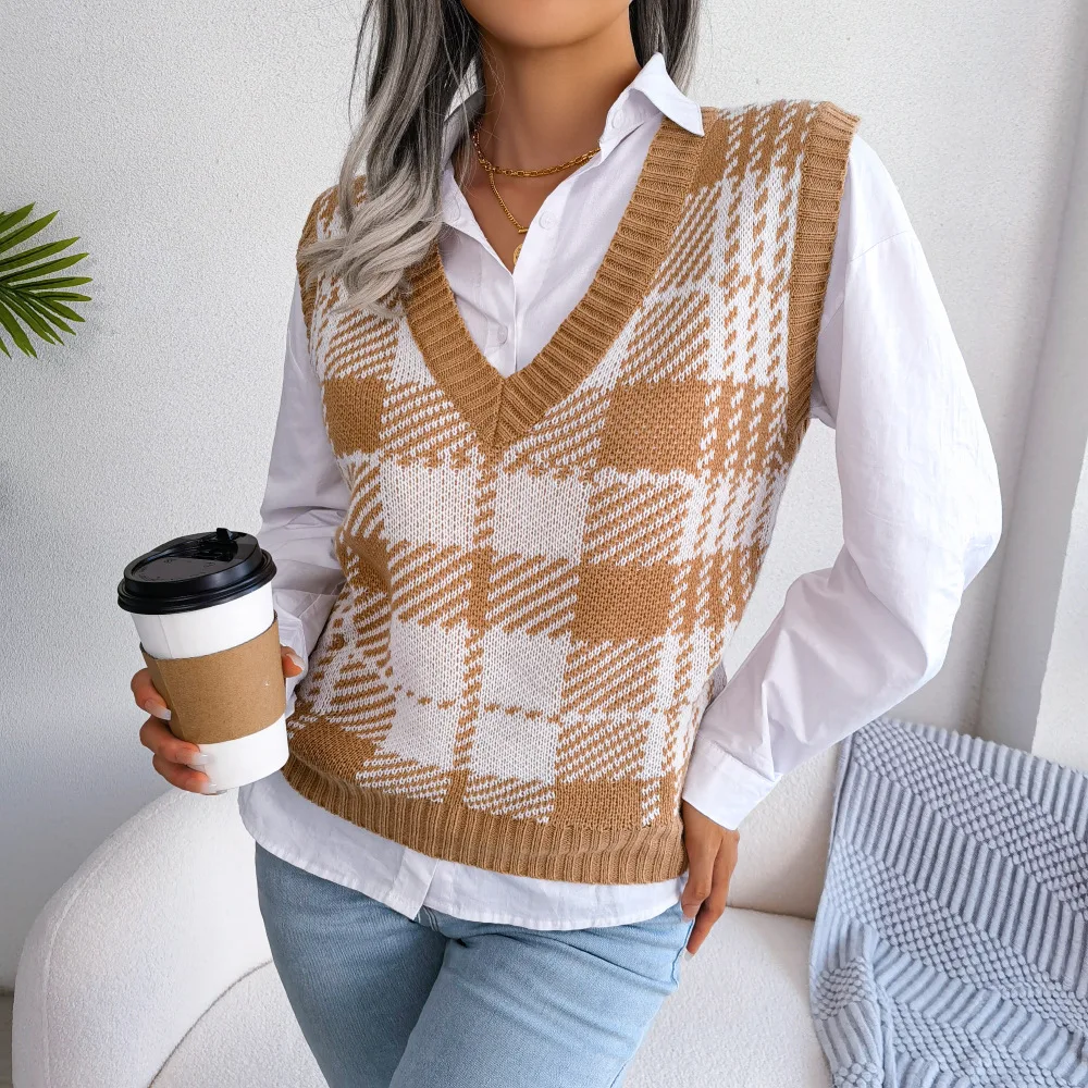 

Autumn and Winter Women's Casual Contrast Checkered Knitted Tank Top Sweater Fashion Women's V-neck Sleeveless Loose Top