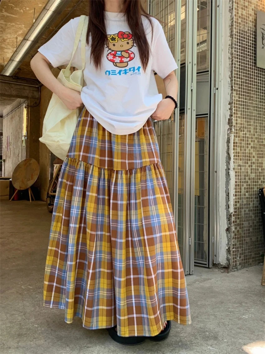 

Alien Kitty Summer Camping A-Line Maxi Skirts Women Vintage Slim New 2025 Loose Plaid Casual Gentle OL High Waist Streetwear