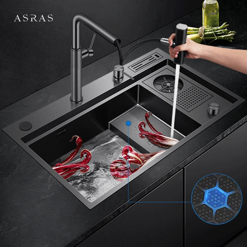 

ASRAS Honeycomb Embossing Kitchen Island Sinks 4mm Panel Handmade Nano Step Sinks Cup Rinser Waterfall Faucet Kitchen Sinks
