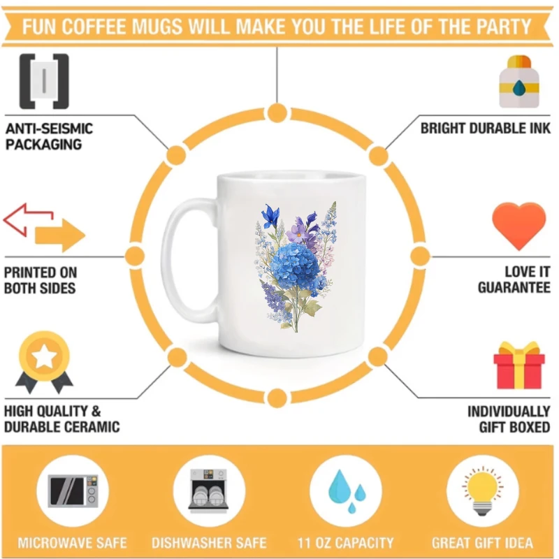 White and blue floral bouquet design ceramic coffee cup, suitable for home, office and as a gift