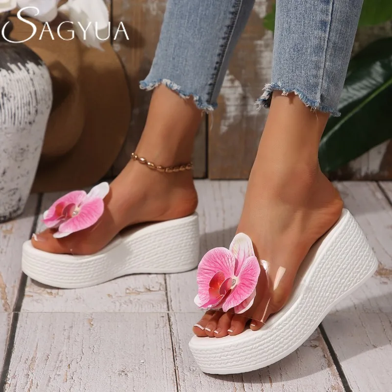 Transparent PVC Women Wedges Platform Slippers Flower Sandals Shoes Woman 2025 New Summer Beach Flip Flops Trend Dress Slides