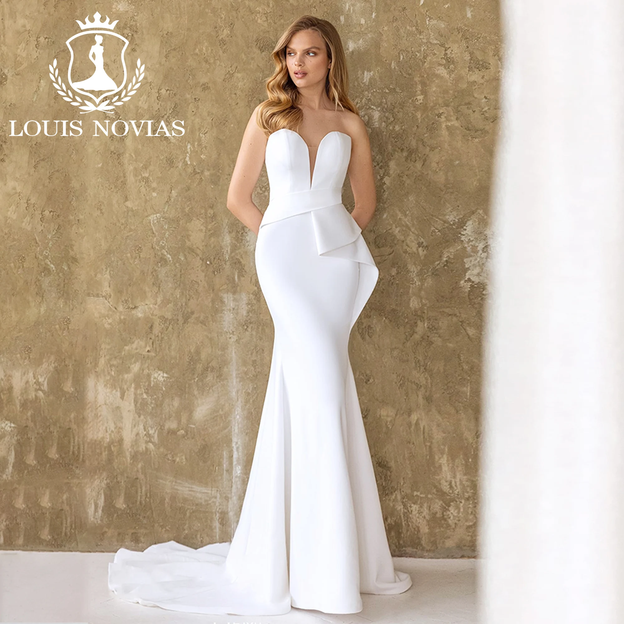 LOUIS NOVIAS Satin Wedding Dress Mermaid Style 2023 Sweetheart Sleeveless Ruched Wedding Gown Vestido De Novia Boda Elegant