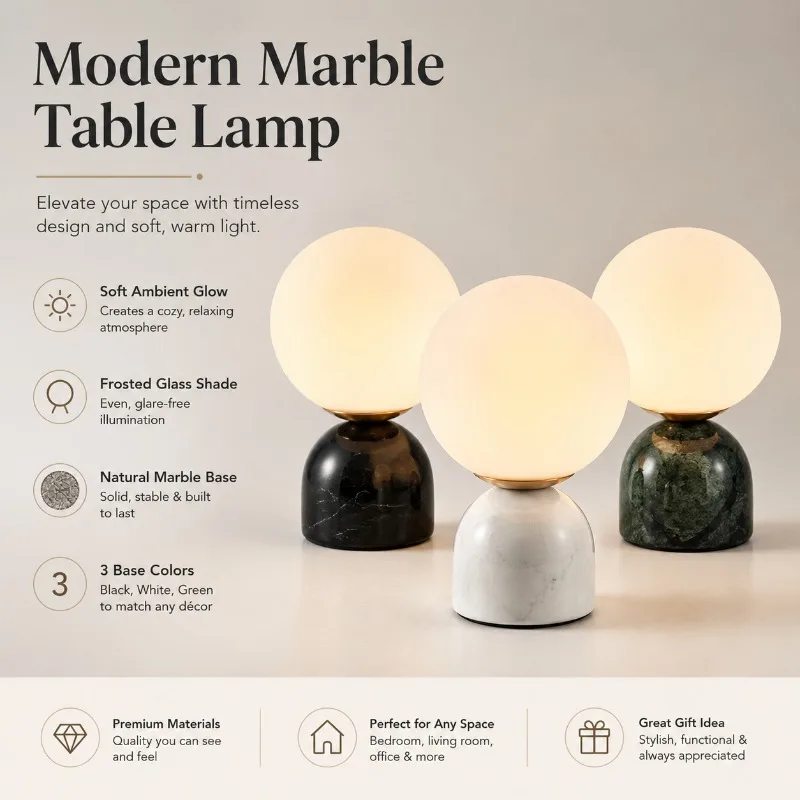 

Nordic Style Round Glass Table Lamp With Modern Minimalist Marble Base LED Light For Bedroom Living Room Study Home Lighting