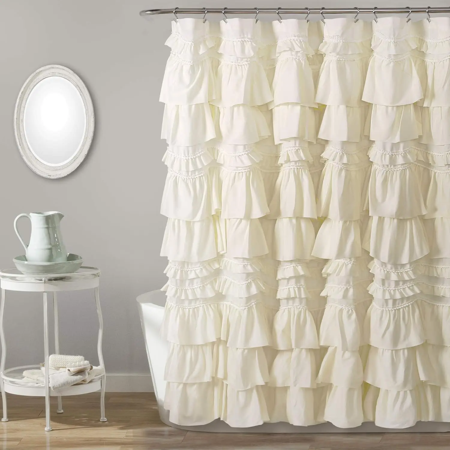 

Elegant Ruffled Shower Curtain, Single Size 72x72 Inches, Ivory - Fabric Bathroom Decor for Coquette Style