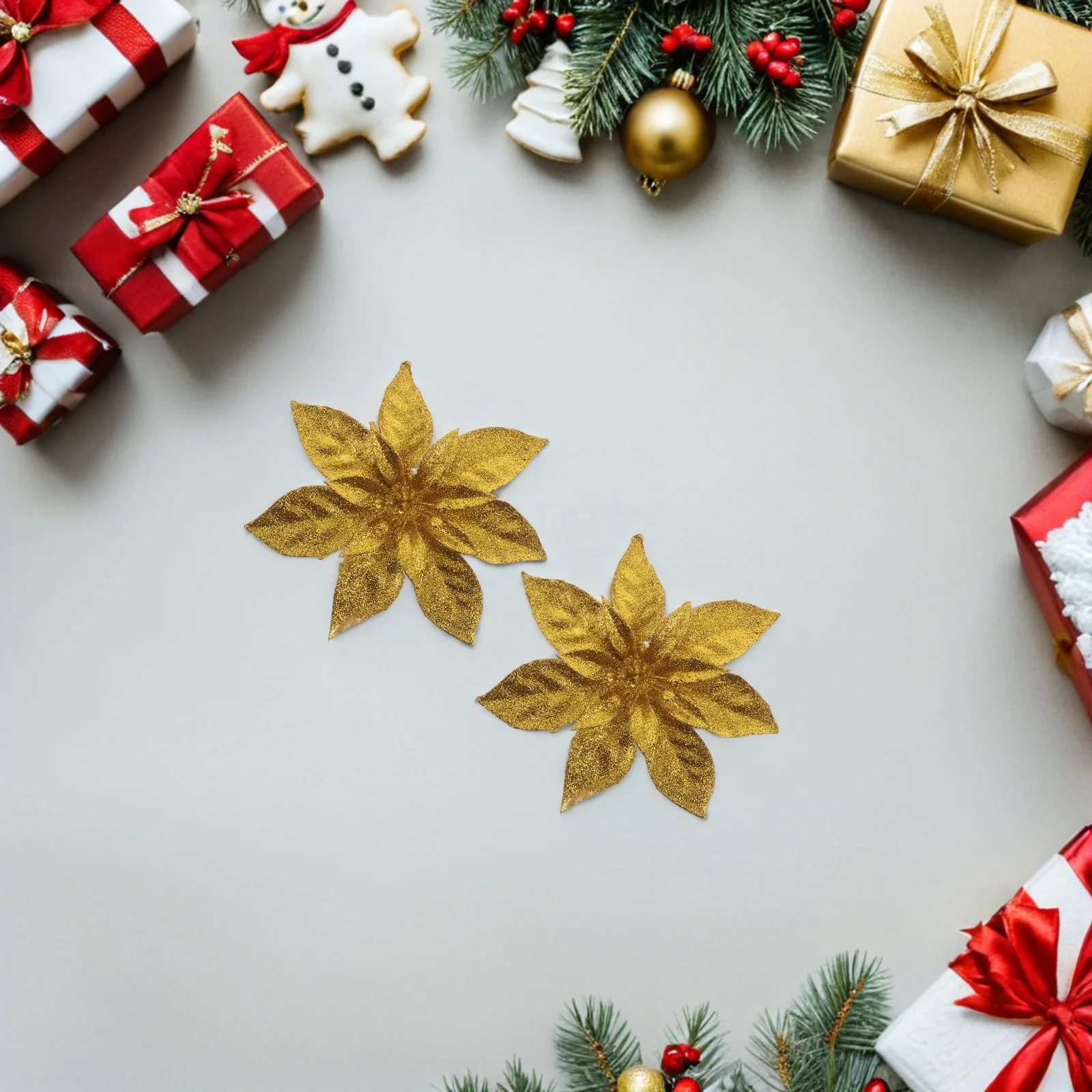

12Pcs Glitter Poinsettia Picks for Garland - Gold Artificial Christmas Flowers for Tree Wreath Decor - Reusable Holiday