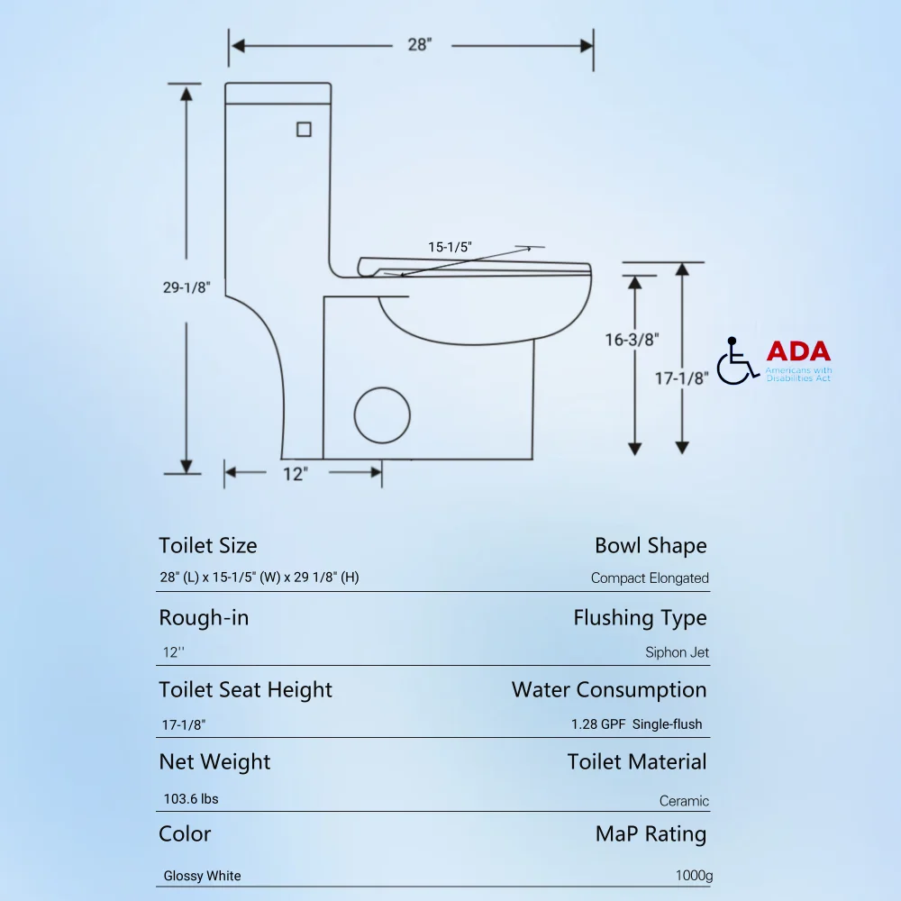 1.28 GPF Single-flush One Piece Toilet, Water-Saving Elongated Comfort Height Floor Mounted, Soft Closing Seat, 1000 Gram Map