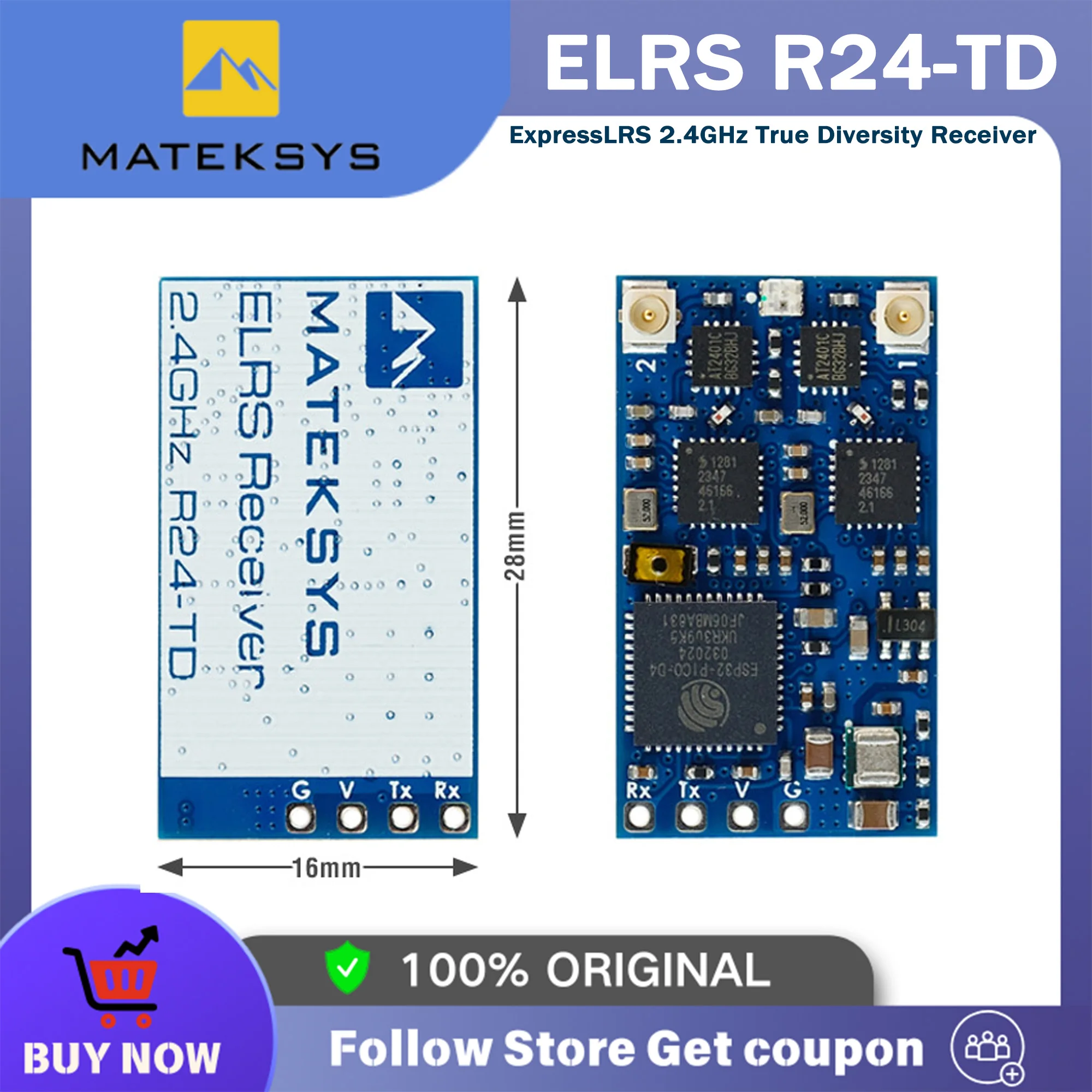 

Matek R24-TD MATEKSYS EXPRESSLRS 2.4GHZ TRUE DIVERSITY Receiver ELRS RX For RC FPV Long Rang Racing Drone
