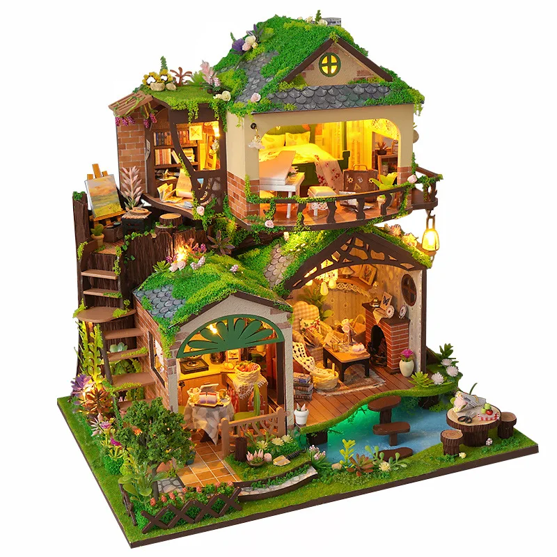 

DIY Wooden Forest Fairy Tale Villa Miniature Model Kits With LED Lights Dollhouse with Furniture for Friends Birthday Gifts