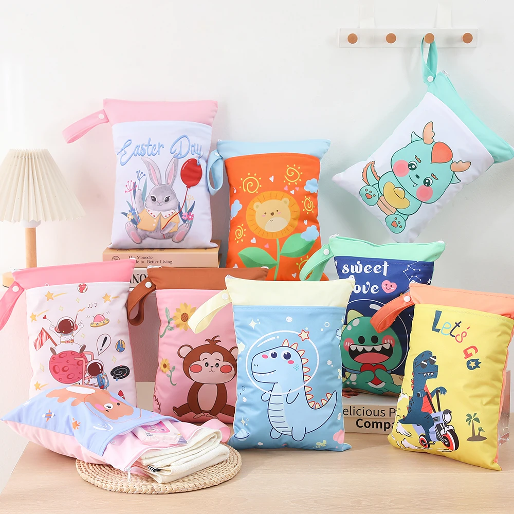 

1 шт. моющаяся сумка для мокрых и сухих вещей, водонепроницаемая многоразовая сумка для детских подгузников с двумя молниями, 25смx35см