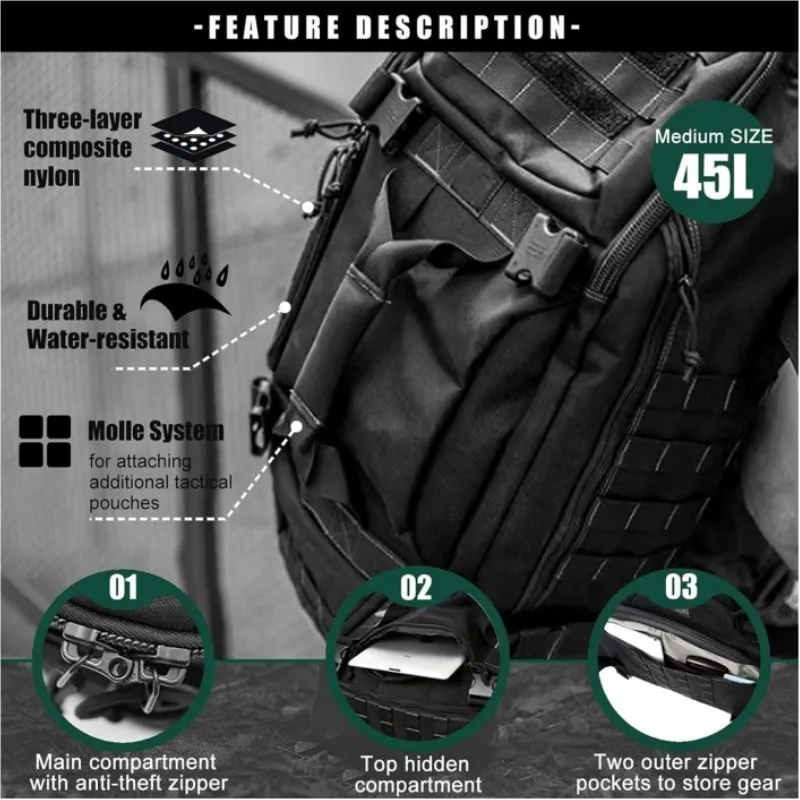 

Tactical Camo Backpack 50L - Military Rucksack Waterproof Hiking Gym Travel Bag Outdoor Sport Assault Pack