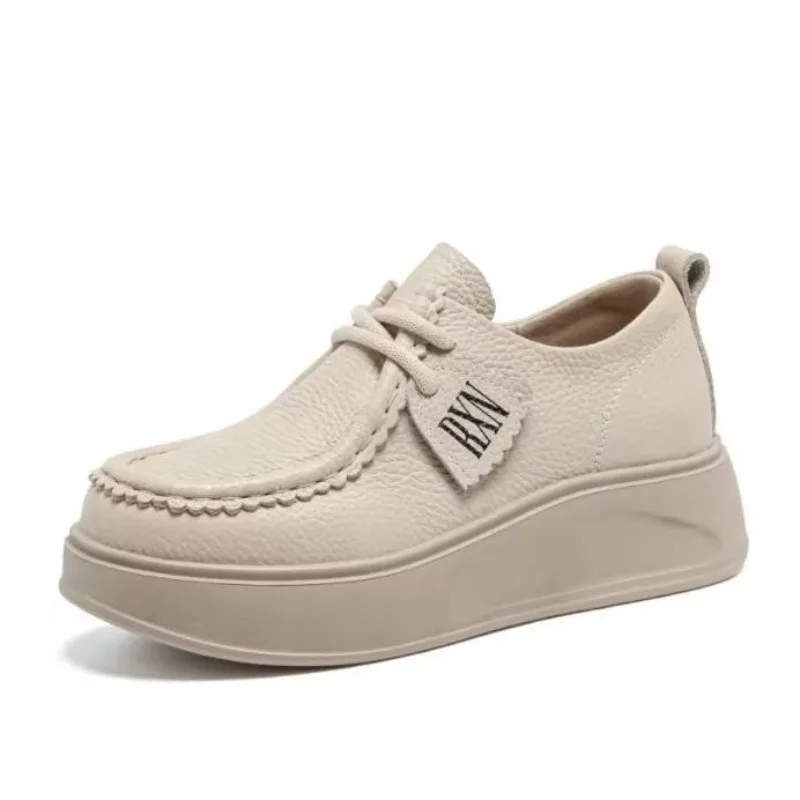 

Женские туфли на танкетке, туфли из 100% натуральной коровьей кожи с круглым носком, на шнуровке, на толстой подошве, на массивной платформе, увеличивающие рост