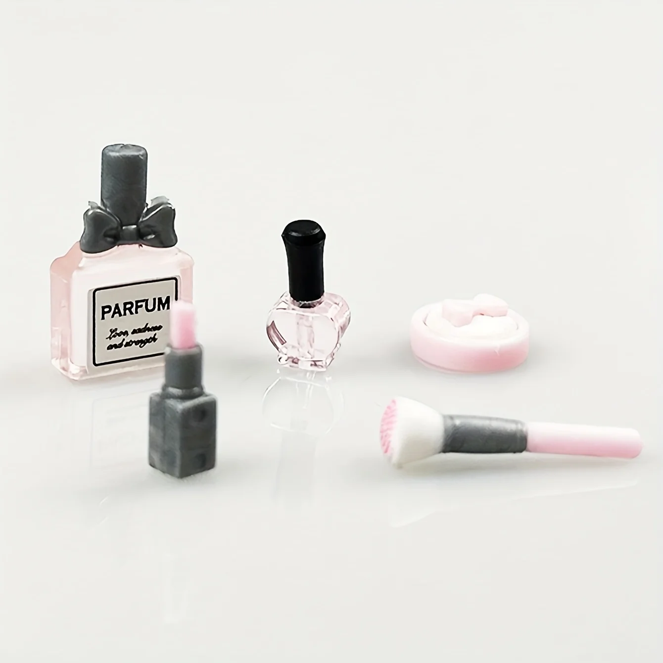 5pcs Dollhouse Miniature Makeup, 1/12 Mini Lipstick, Perfume  Powder Puff Nail Polish, Makeup Brush Models Suitable for Christma view 5