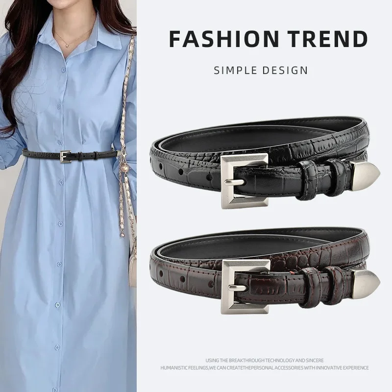 

Vintage genuine leather belt for women, simple and versatile decorative crocodile pattern thin belt with suit skirt