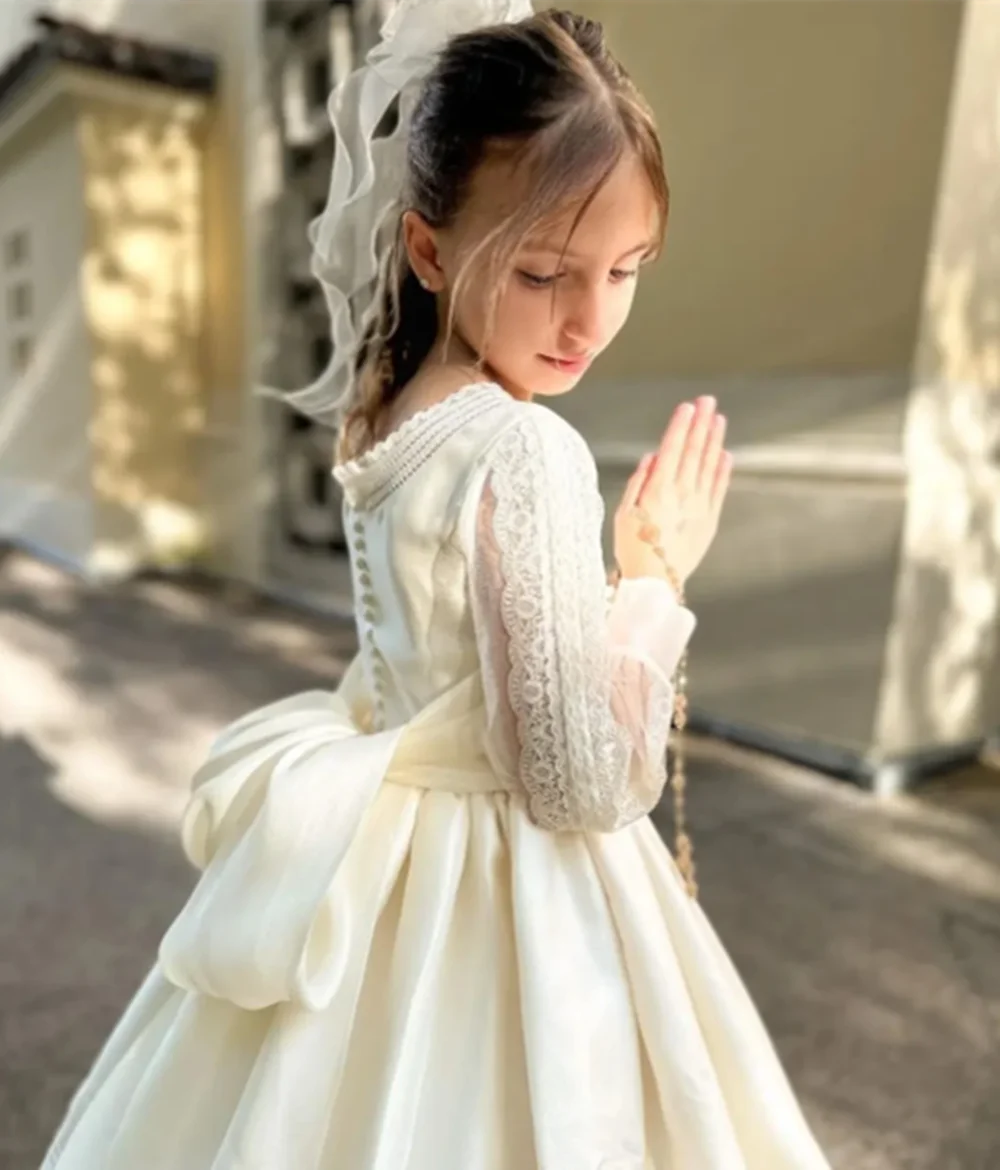 Elegant Long-sleeved Tulle  Printing Flower Girl Dress Princess Ball First Communion Dresses Kids Surprise Birthday Present