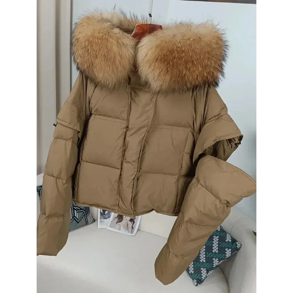 Autumn Winter Women Real Raccoon Fur Collar Hooded Detachable Sleeve Jacket Duck Down Loose Fashionable Streetwear Outerwear