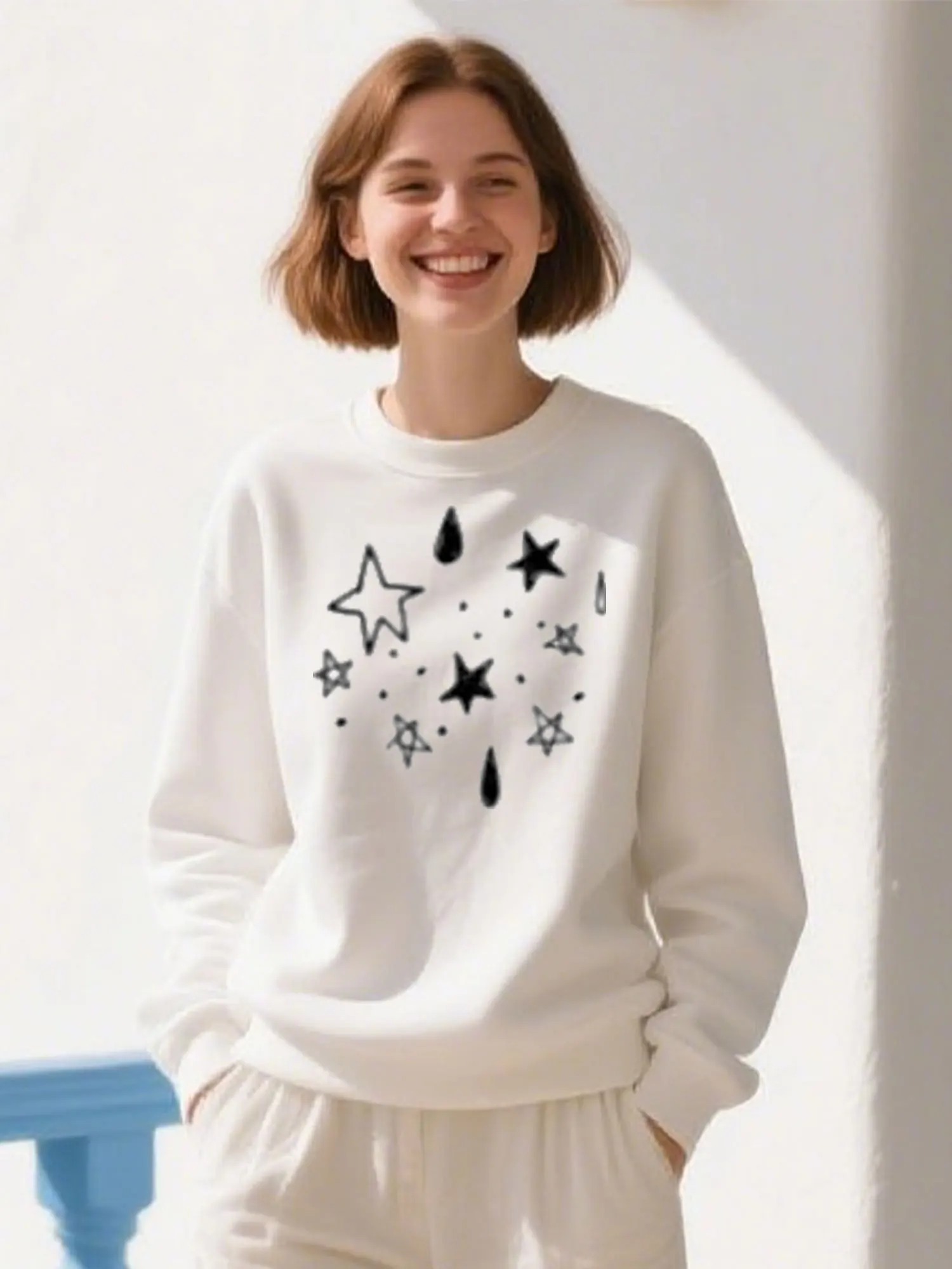 

Star & Tear Drop Print Cotton Crewneck Sweatshirt, Unisex Casual Pullover For Christmas