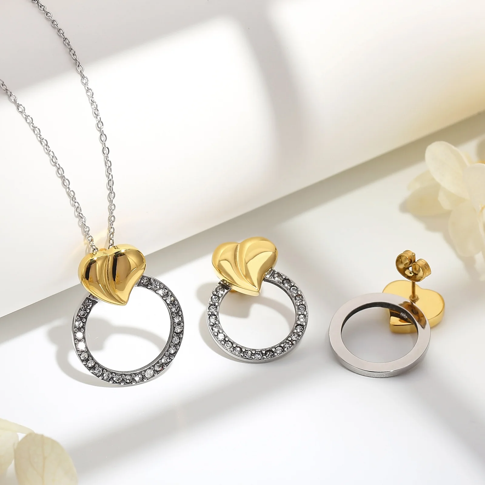 Kalen Crystals Heart Choker Necklace & Earrings Sets Stainless Steel Round Circle Clavicle Necklace for Women Jewelry