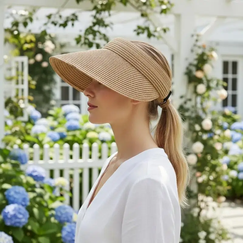 UPF50 Plus Straw Visor Sun Hat For Women Wide Brim Beach Hat Adjustable Lightweight For Sports Vacation