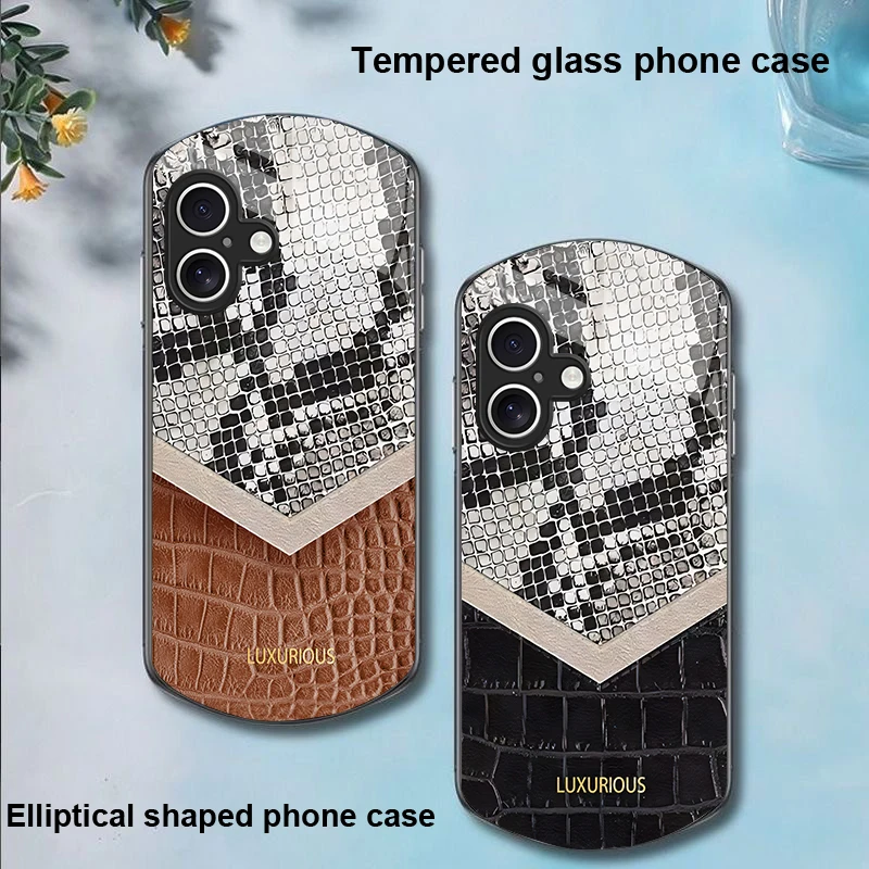 Snake skin pattern For Apple iPhone 16 11 13 15 14 Pro Max 12 Mini 7 8 Plus XR X XS Elliptical shaped tempered glass phone case