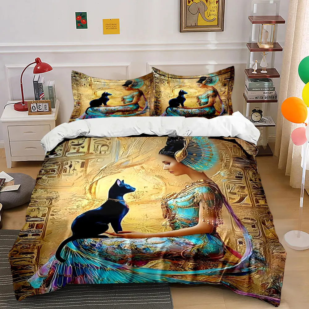 Elegant woman with black cat, Egyptian style Printed Duvet Cover Set1 Duvet Cover+2 PillowcaseMulti Size Bedroom Bedding Decor