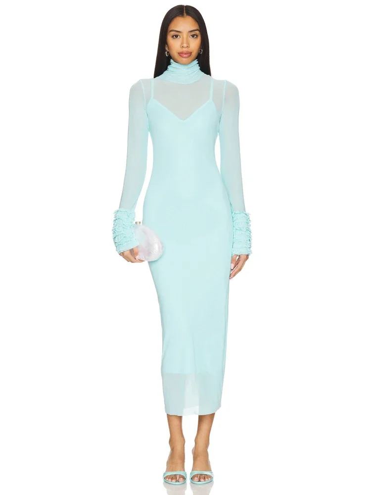 

Сексуальное сетчатое длинное платье с воротником и рюшами, женское платье с длинными рукавами и оборками, лоскутное облегающее платье, вечерняя вечеринка, коктейльный клуб