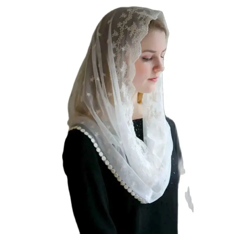 Ivory Lace Mantilla Veil for Church Round Scarf Wrap Muslim Bridal Veil Head Covering Short One Layer