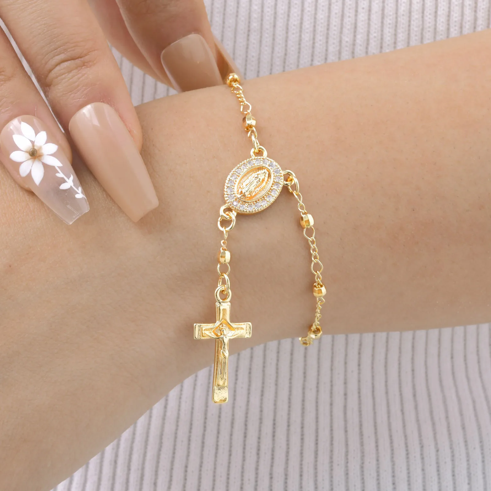  Y-förmige religiöse Jungfrau Maria Perlenkette für Frauen, Heiliger Rosenkranz Kreuz Jesus Anhänger Halskette, Christentum Gebetsschmuck – Detail 3