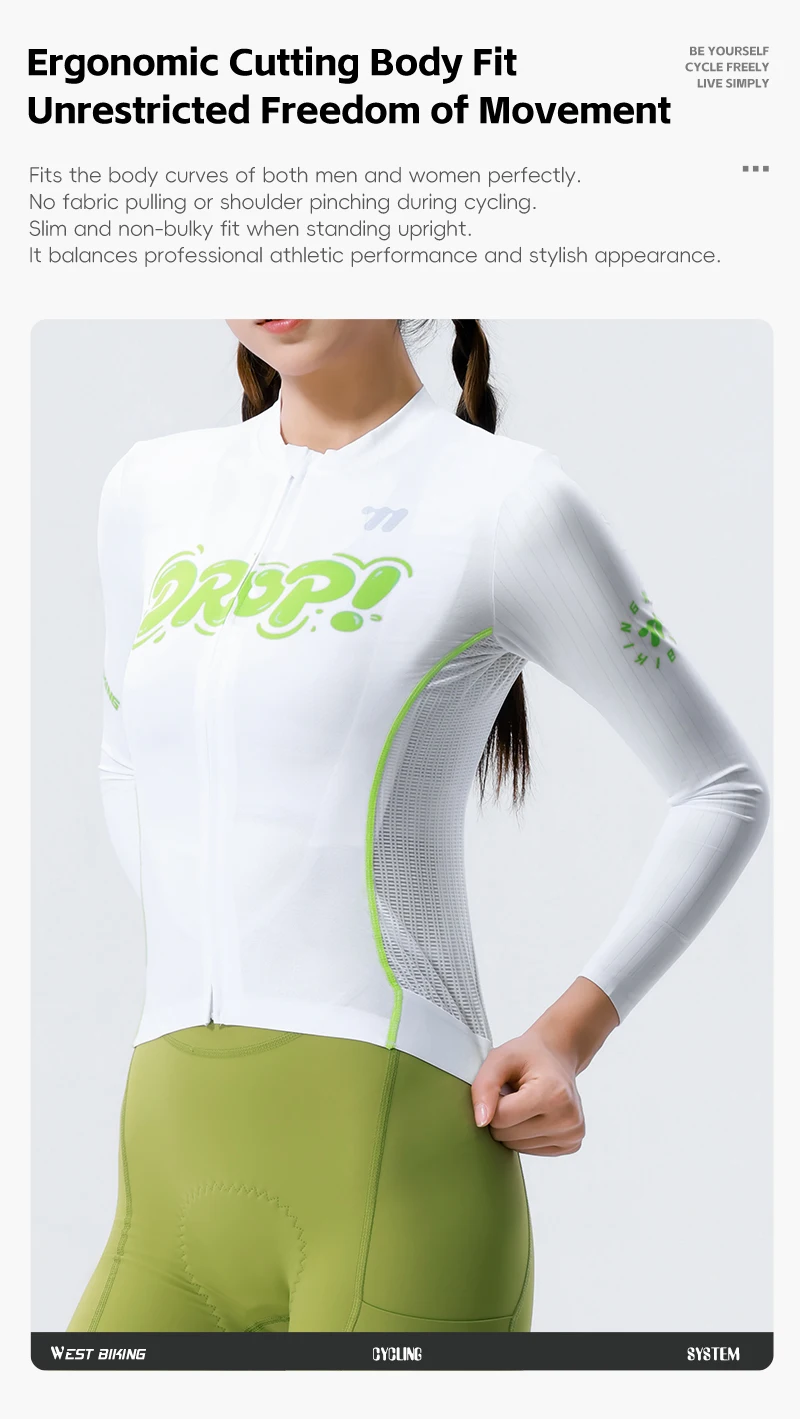 WEST BIKING Damen Fahrradtrikot Langarm Atmungsaktiv Schnelltrocknend Weiß Grün Racing Slim Fit Fahrradbekleidung Sommer-Reitoberteil – Detail 9