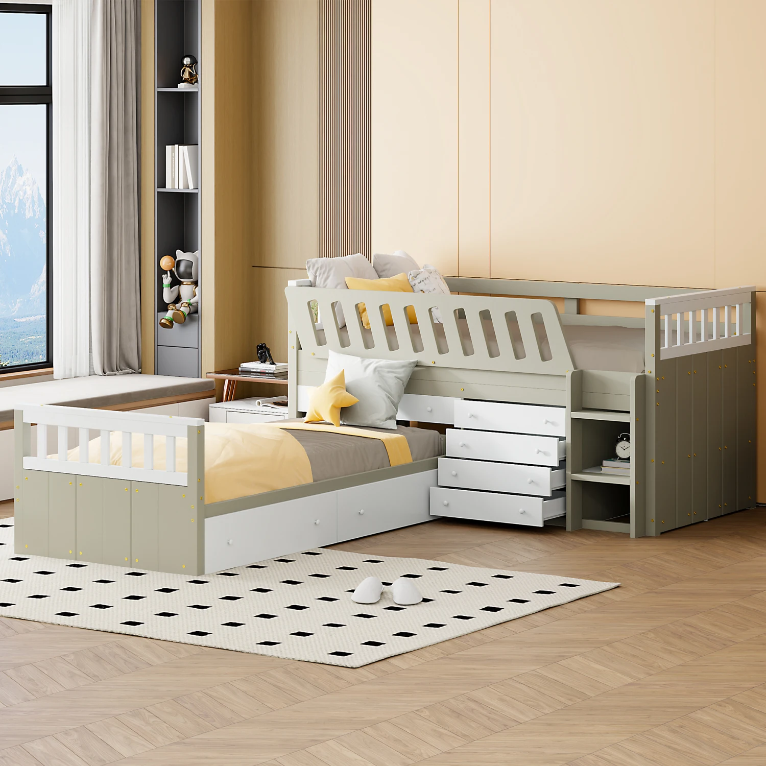 L-shaped Twin Loft Bed with 7 Drawers and Guardrails (WHITE+LIGHT BROWN)