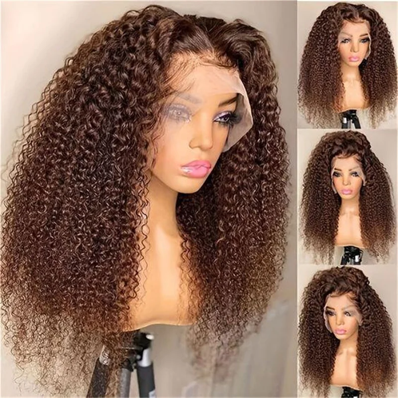 Perruque Lace Front Kinky Curly pour femmes noires, cheveux de bébé, délié naturel pré-plumé, doux, long, brun, densité 180, 26"