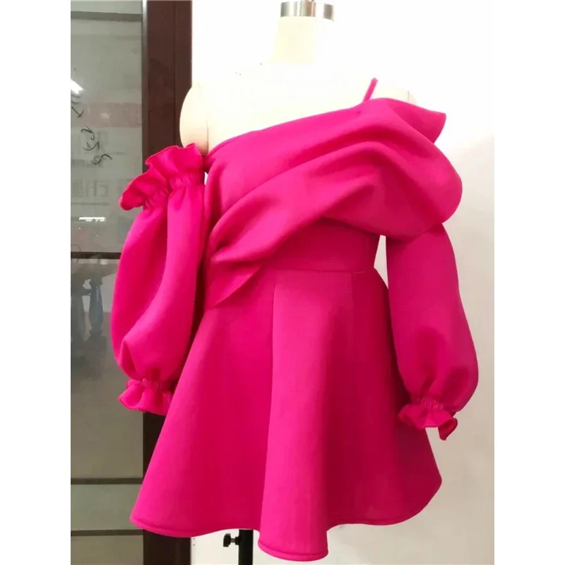 Sexy party dress mini pleated puff sleeve one shoulder spaghetti strap women backless clubwear night Christmas Turis