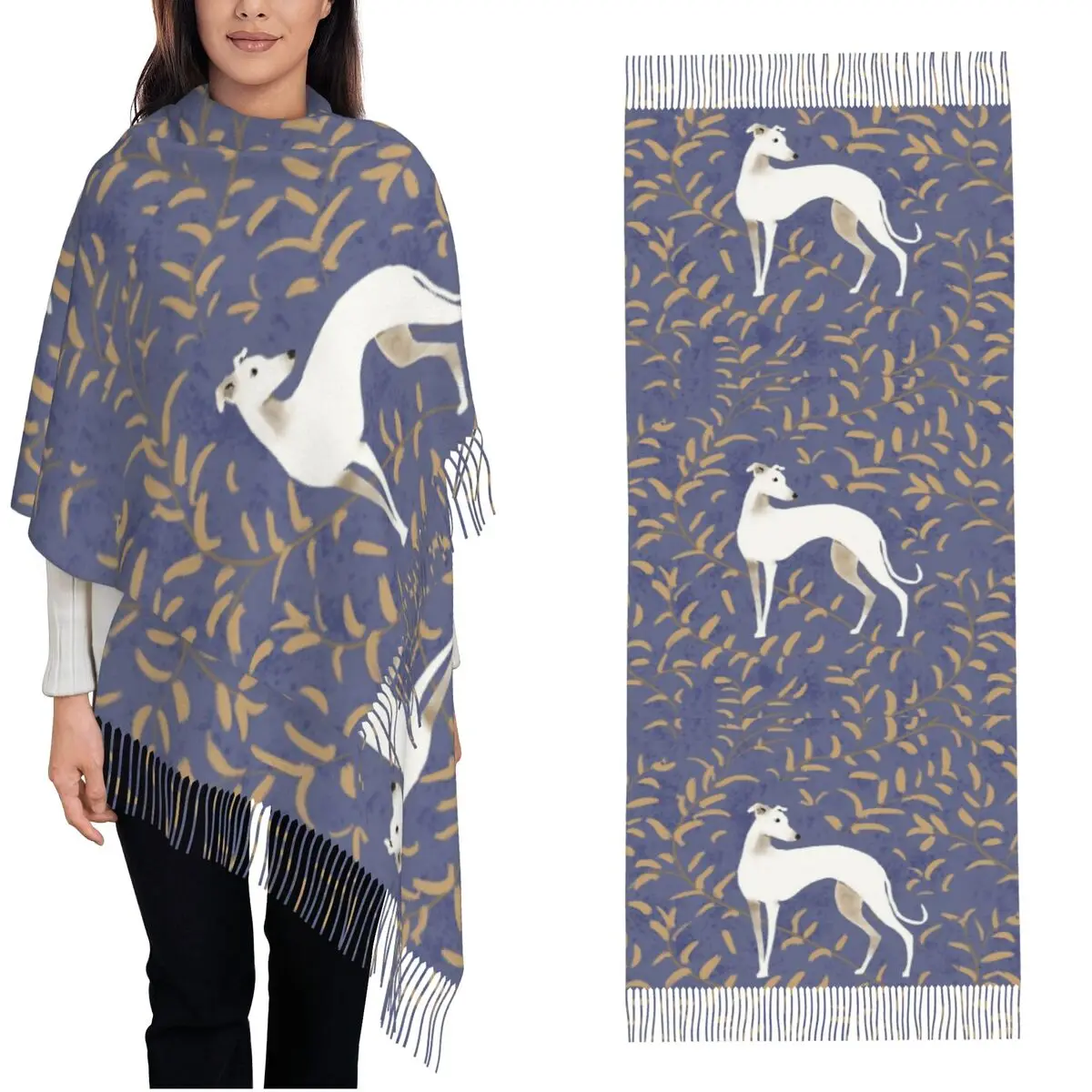 

Womens Tassel Scarf Whippet With Brown Leaves Long Super Soft Shawl Wrap Greyhound Sighthound Dog Gifts Cashmere Scarf
