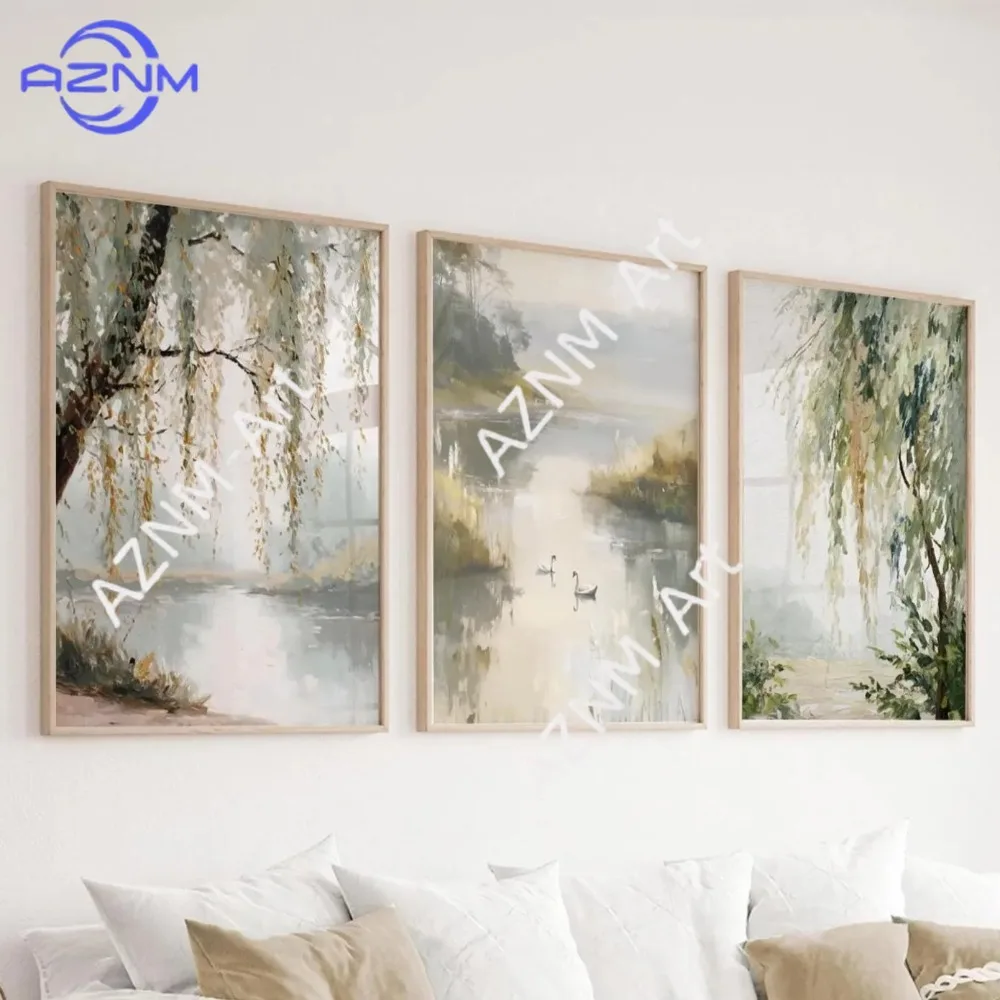 1/3PCS ，Willow Tree Countryside Art Prints | Sage Green Living Room Art | Neutral Kitchen Decor | Dark Green Bedroom Wall Art