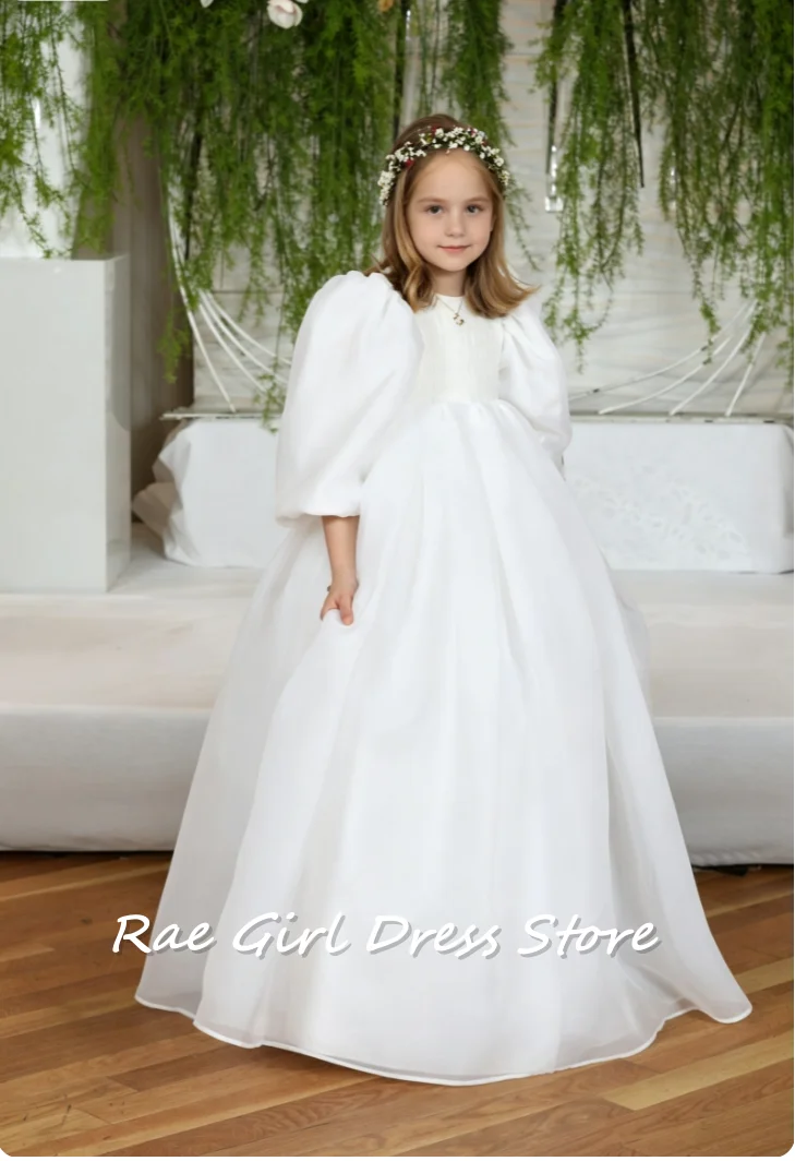 A-line/Princess Satin Flower Girl Dress for Wedding Kids White Organza Sleeves High Waist Holy Communion Dress With Bow Custom