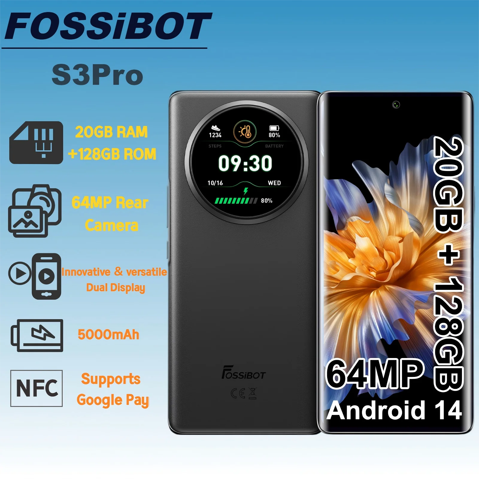 FOSSiBOT S3Pro smartphone, Helio G85 20GB+128GB|1TB Android14 unlocked mobile phone, Dual Display Cellphones, 5000mAh Battery